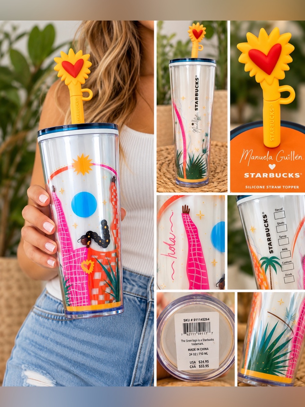 Starbucks x Manuela Guillén 24 oz Cold Cup Tumbler with Heart Straw Topper